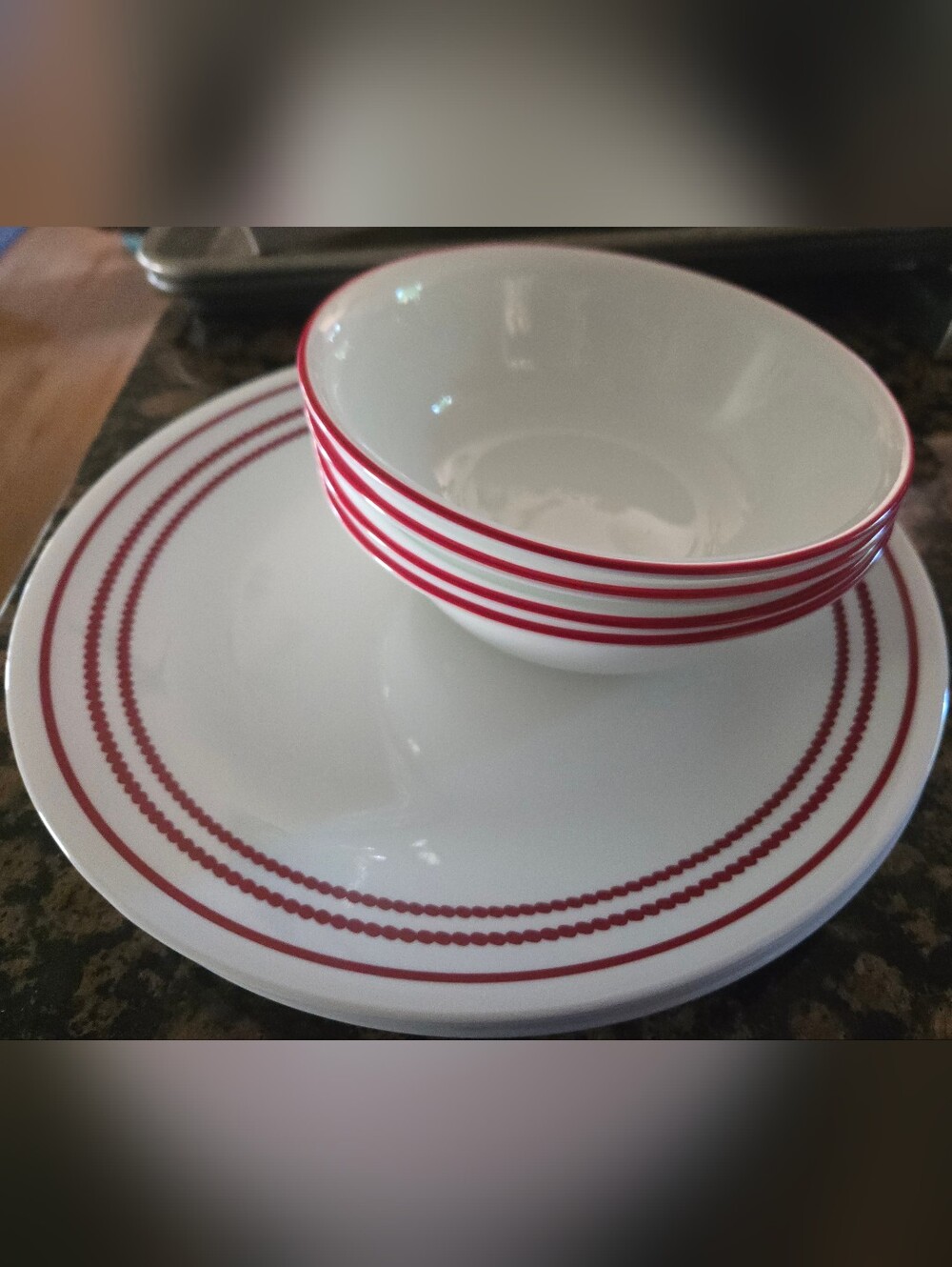Corelle Dinnerware Set with Red Stripe Accent Service For 4